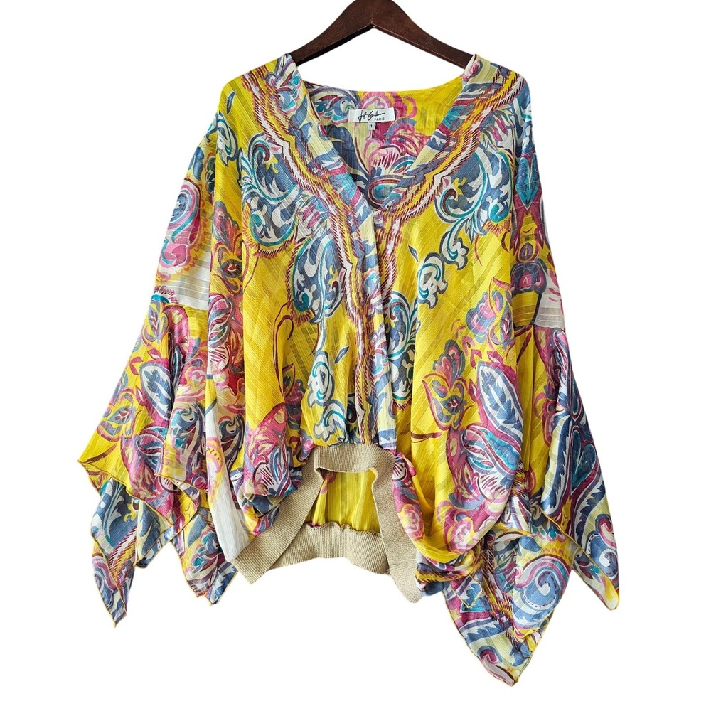 Jeff Gallano Paris Bohemian Tunic Top Yellow Paisley Print Resort Wear Size‎ 1